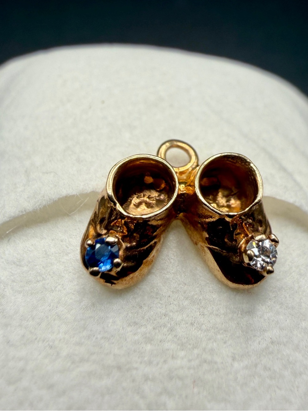 14k Gold Baby Shoe Charm Birthstone Sapphire Diamond Accent Vintage Pendant